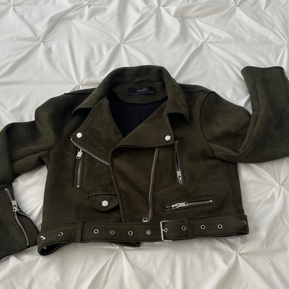 Zara Dark Green Suede Jacket with Zippers